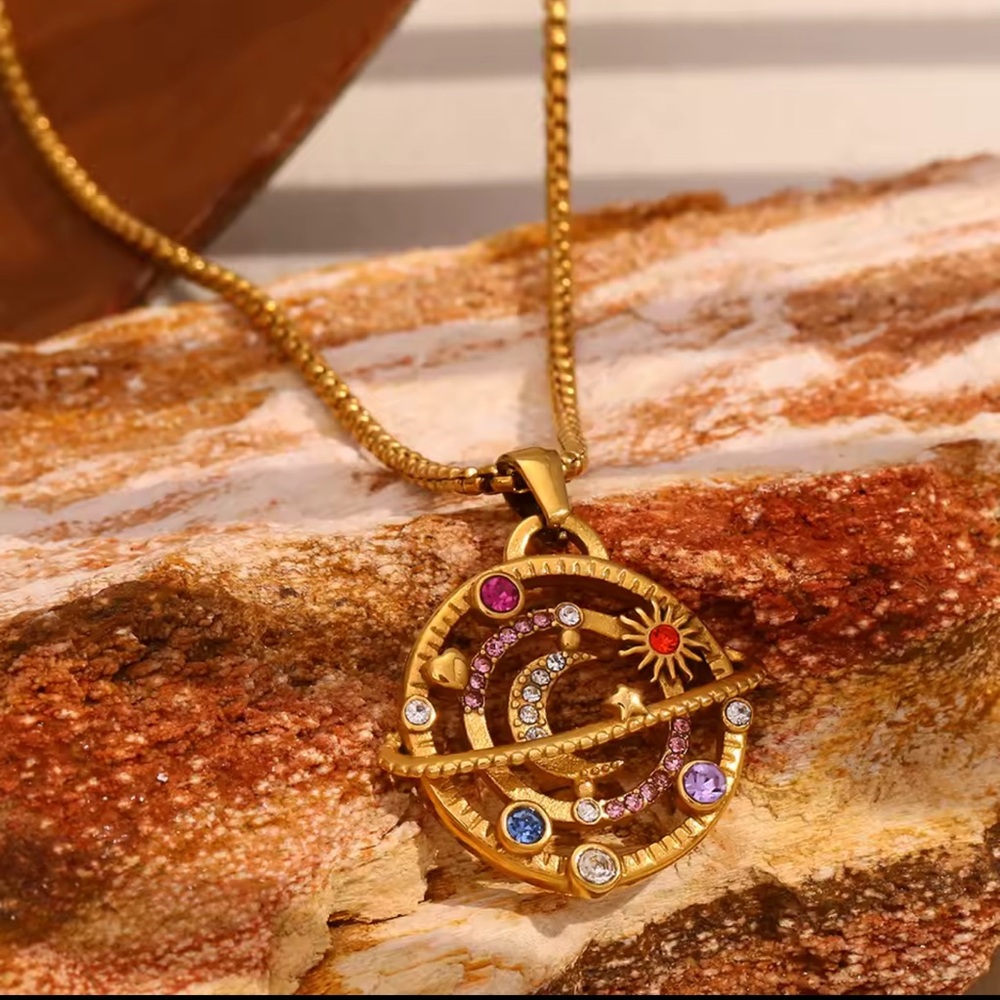 Colorful Rhinestone Moon Star Planet Necklace Stainless Steel 18K Gold Plated - Picture 7 of 8